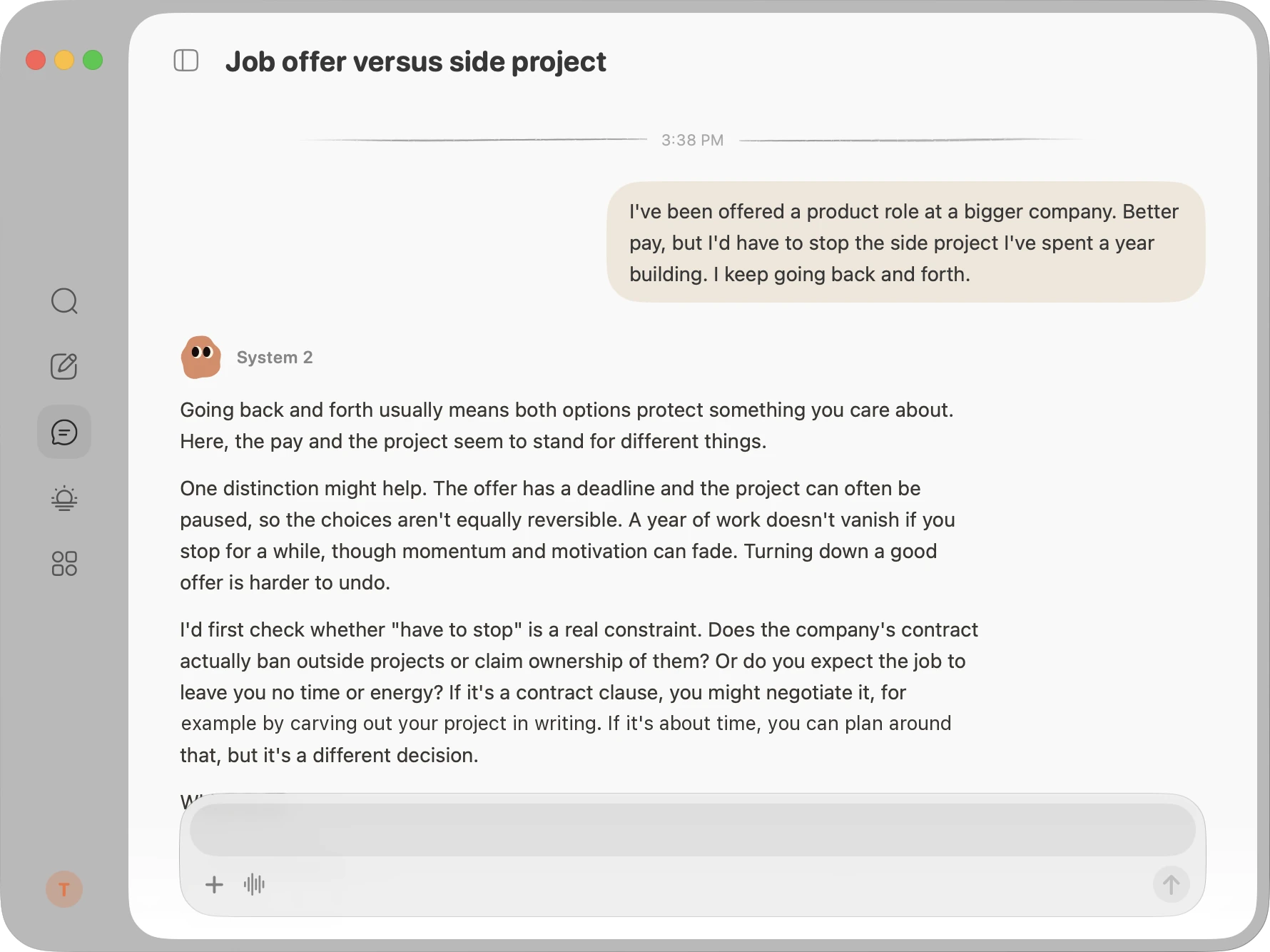 A Nous reply labelled System 2 that separates which choice is harder to undo and asks whether the contract really forbids the side project.
