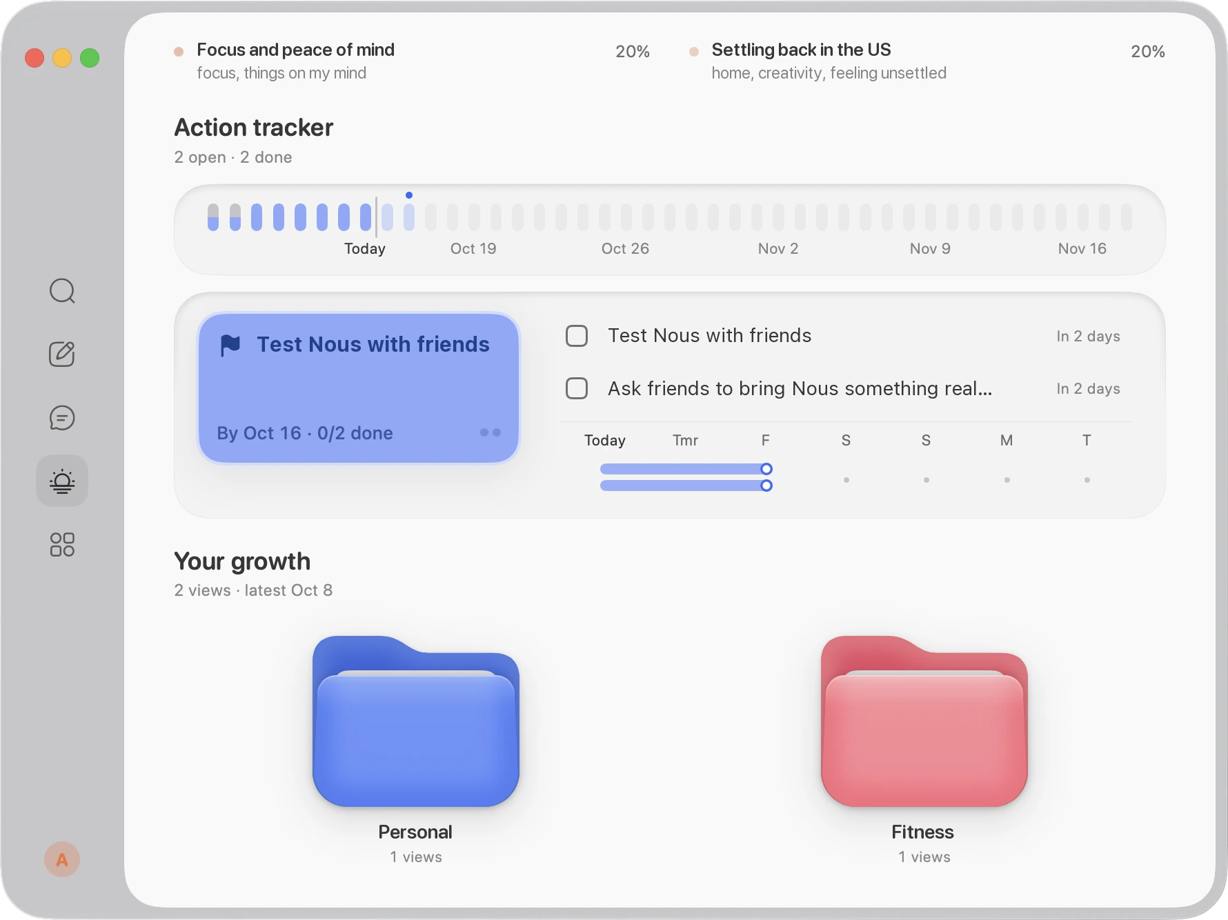 The action tracker with a goal and two open steps, and Your growth with Personal and Fitness folders.